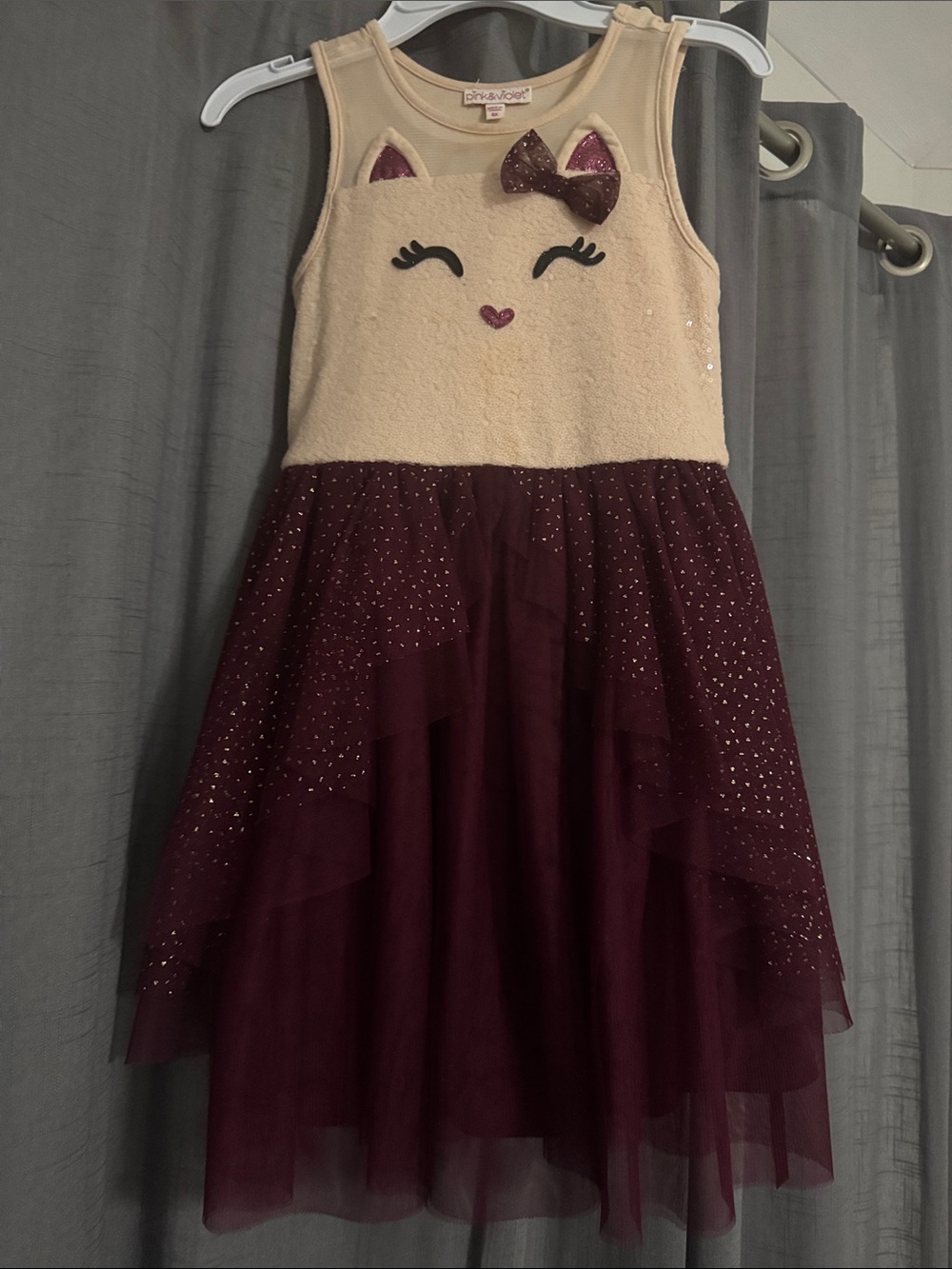 Pink & Violet Girls' Cream and Burgundy Sparkle Cat Dress